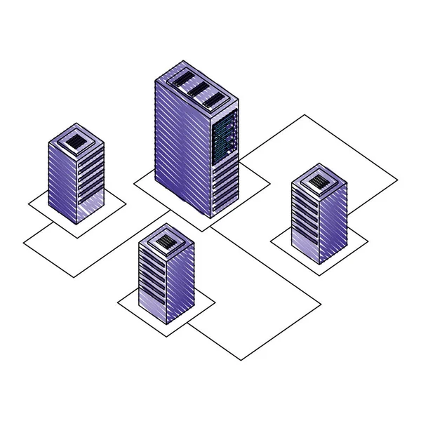 Serveurs centre de données avec icône isométrique de circuit — Image vectorielle