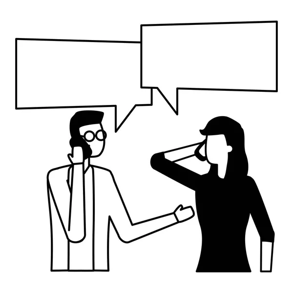 Homem e mulher usando bolha conversa smartphone —  Vetores de Stock