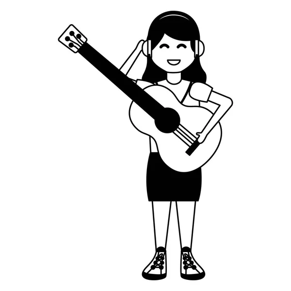 Женщина с наушниками и гитарой — стоковый вектор