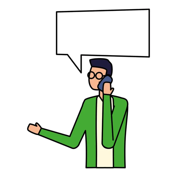 Homem usando dispositivo smartphone falar bolha — Vetor de Stock