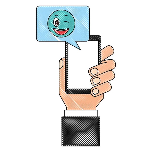 Hand with smartphone chatting winking emoji — Stock Vector