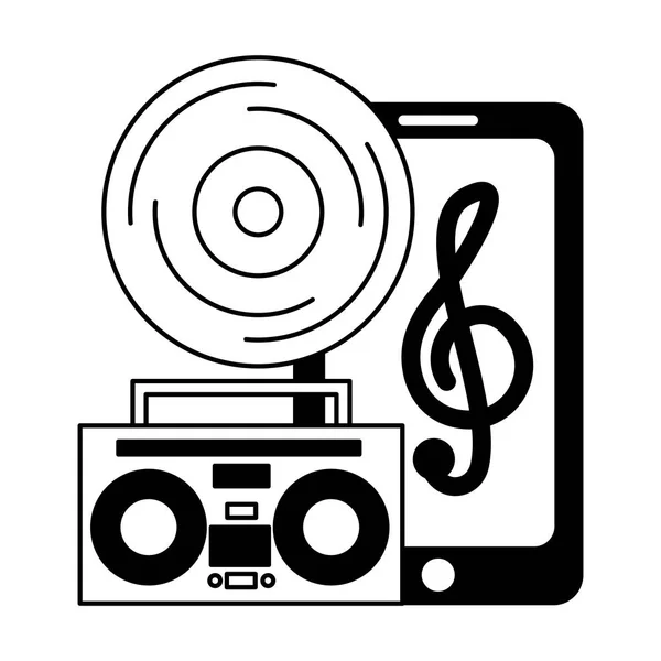 Smartphone vinilo boombox estéreo festival música — Vector de stock