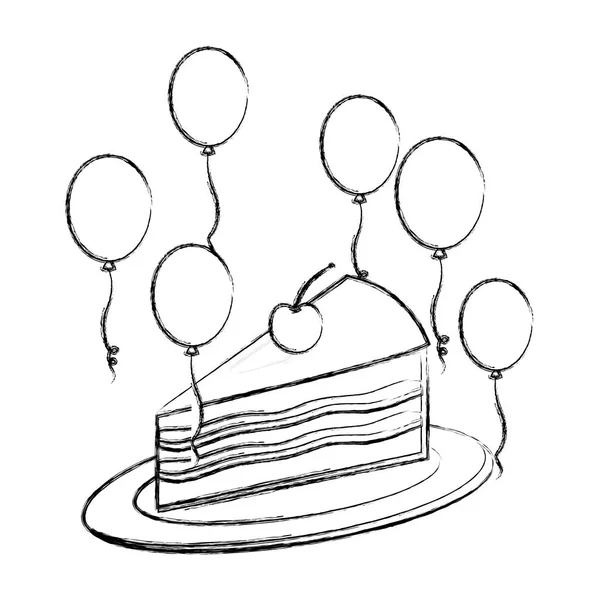 生日蛋糕与樱桃和气球装饰手绘 — 图库矢量图片