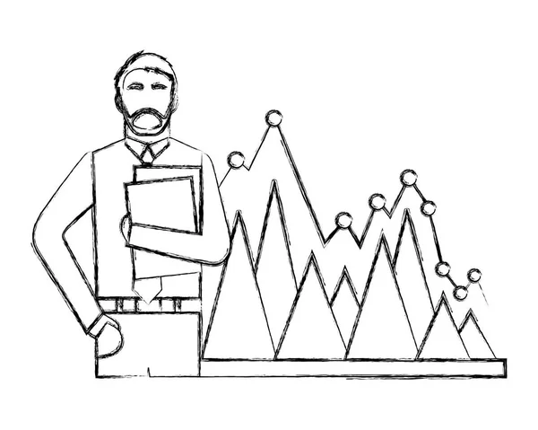 Homem de negócios com papéis de pasta e negócios gráfico estatístico —  Vetores de Stock