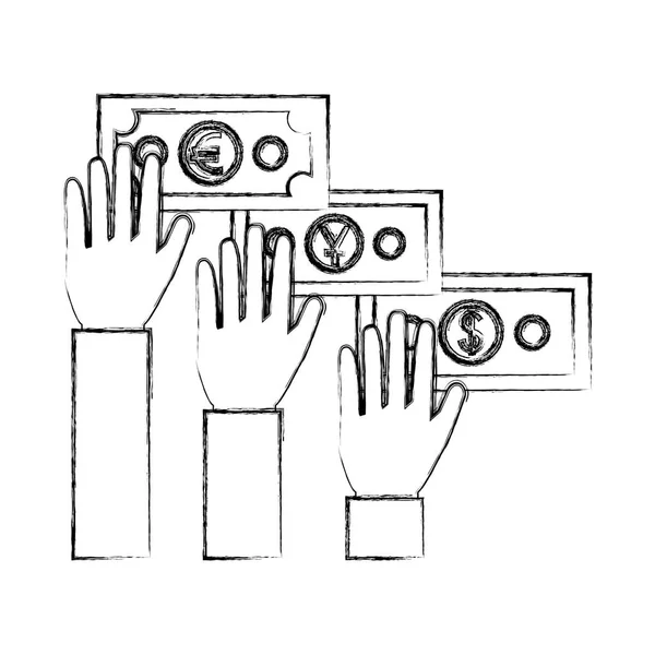 Руки с международными купюрами изолированный значок — стоковый вектор