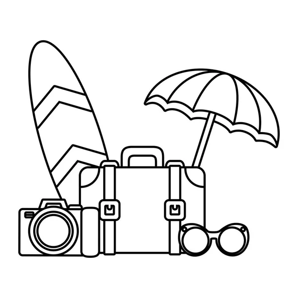 Διακοπές βαλίτσα σανίδα του σερφ ομπρέλα γυαλιά ηλίου — Διανυσματικό Αρχείο