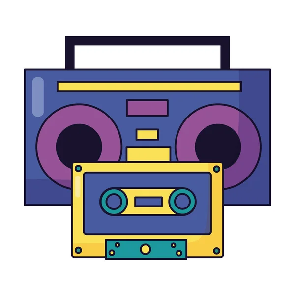 Boombox stereo and cassette music colorful background — Stock Vector