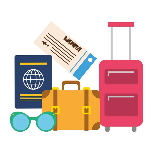 Viaje maleta pasaporte gafas de sol billete — Archivo Imágenes Vectoriales