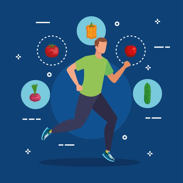 Man running met biologische groenten en appel — Stockvector