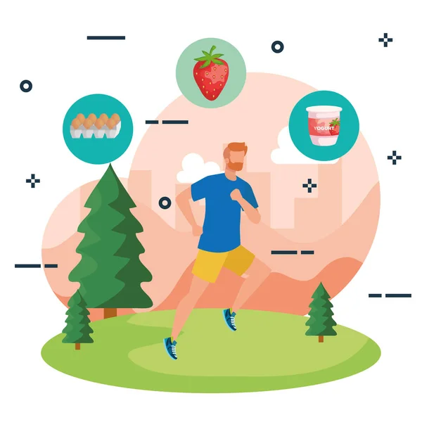 Hombre corriendo deporte con huevos y fresa con yogur — Vector de stock