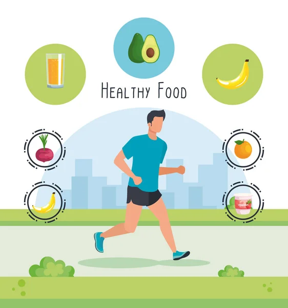 Man Running Sport met yoghurt en fruit met groenten — Stockvector