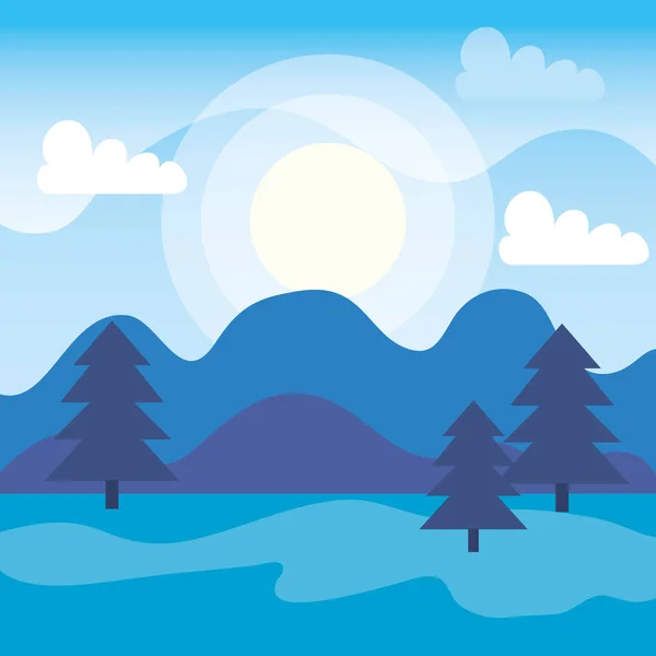 Sol con montañas y pinos árboles con nubes — Vector de stock