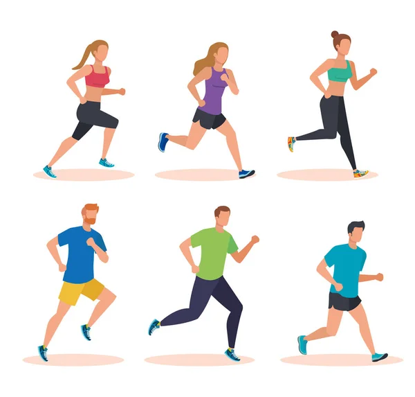 Conjunto de mujeres y hombres sanos corriendo entrenamiento — Vector de stock