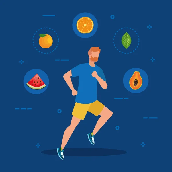 Uomo che corre con anguria e arancia con zampa di zampa — Vettoriale Stock