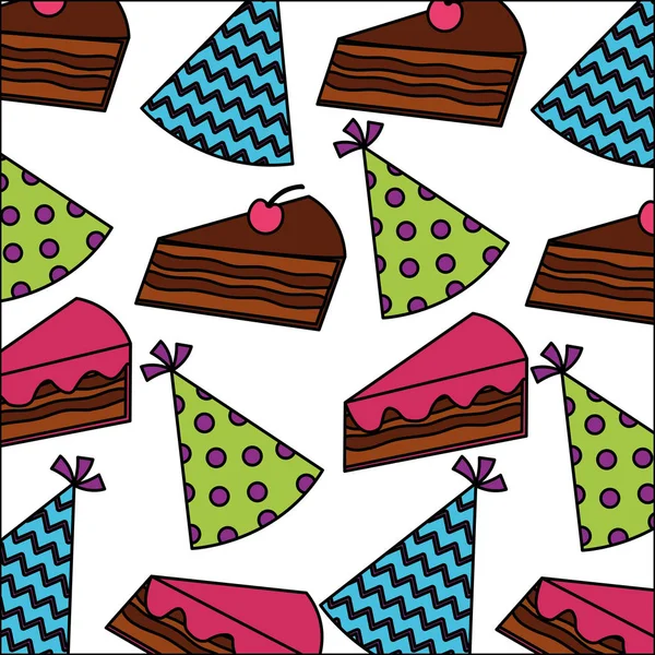 Süße Kuchenscheibe mit Hut-Party-Muster — Stockvektor