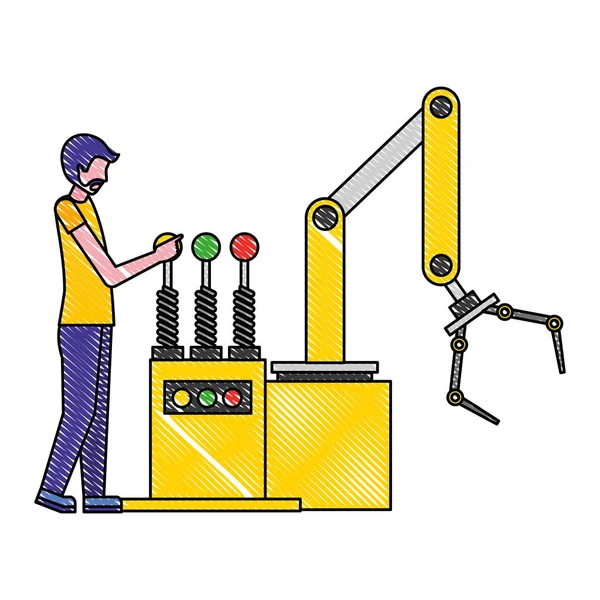 Χειριστή που εργάζεται με το ρομποτικό χέρι βιομηχανικό εργοστάσιο — Διανυσματικό Αρχείο