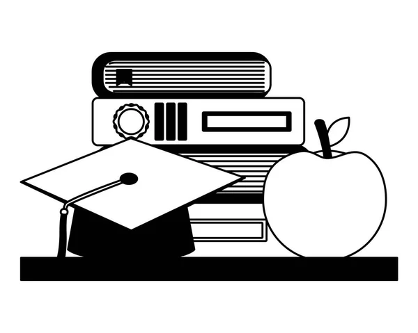 School stack boeken afstuderen hoed en Apple — Stockvector