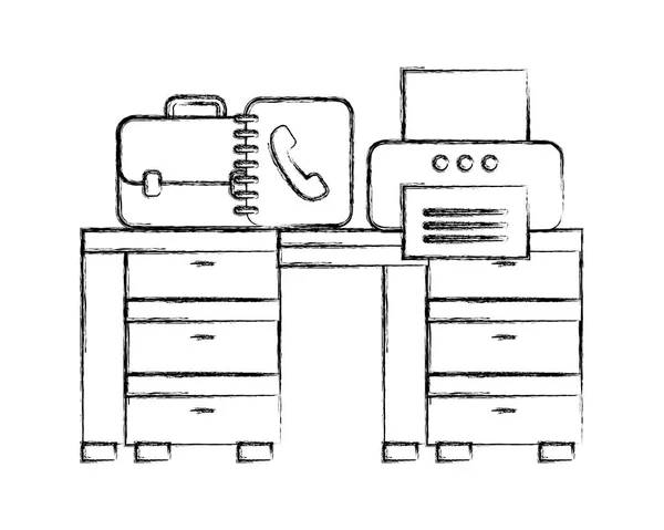 Escritorio de oficina con la dirección del libro de la impresora y maletín — Vector de stock
