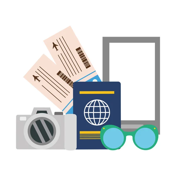 Vakanties smartphone camera paspoort tickets zonnebrillen — Stockvector