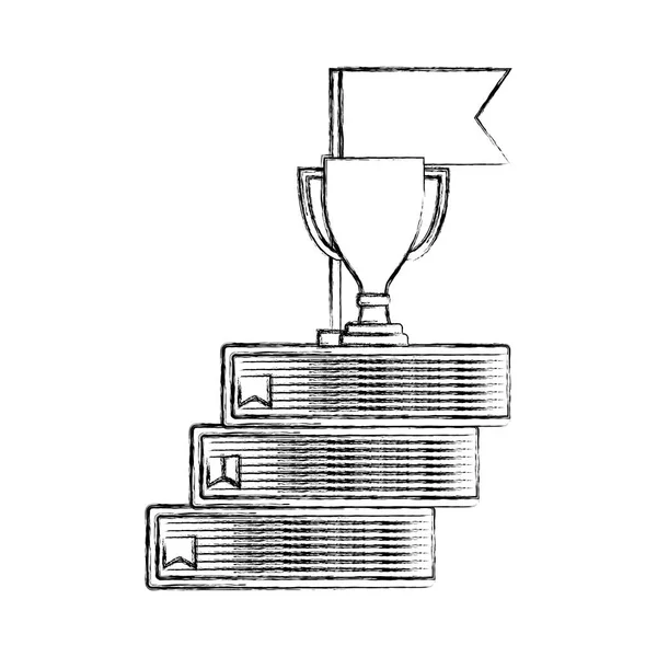 Trophée d'affaires coupe prix sur pile livres drapeau dessin à la main — Image vectorielle