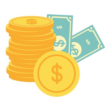 banknotlar paralar para nakit beyaz arka plan üzerinde yığılmış