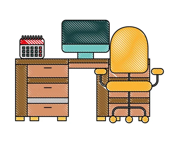 Offfice masa bilgisayar takvimi ve sandalye — Stok Vektör