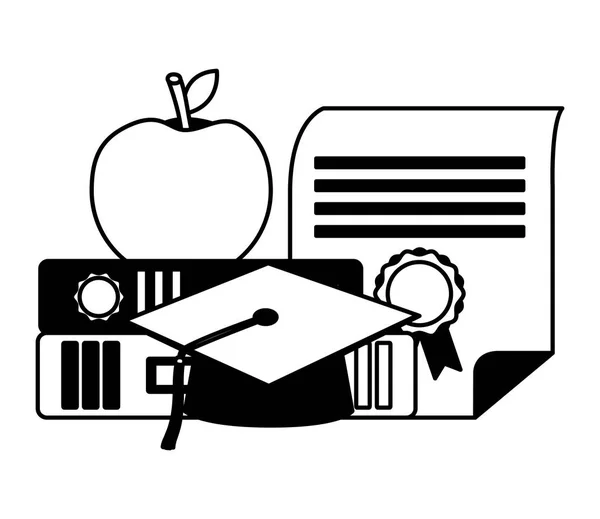 Certificado de graduación sombrero manzana en los libros — Vector de stock