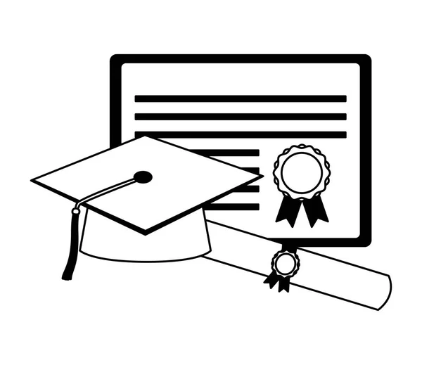 Certificado de sombrero de graduación y diploma de pergamino — Vector de stock