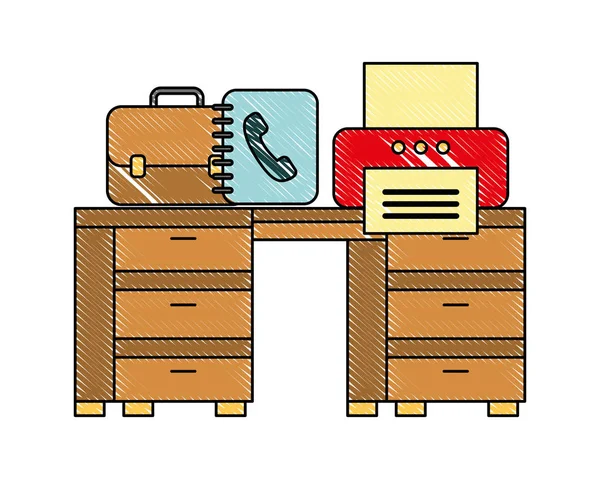 프린터 책 주소와 서류 가방이 있는 사무실 책상 — 스톡 벡터