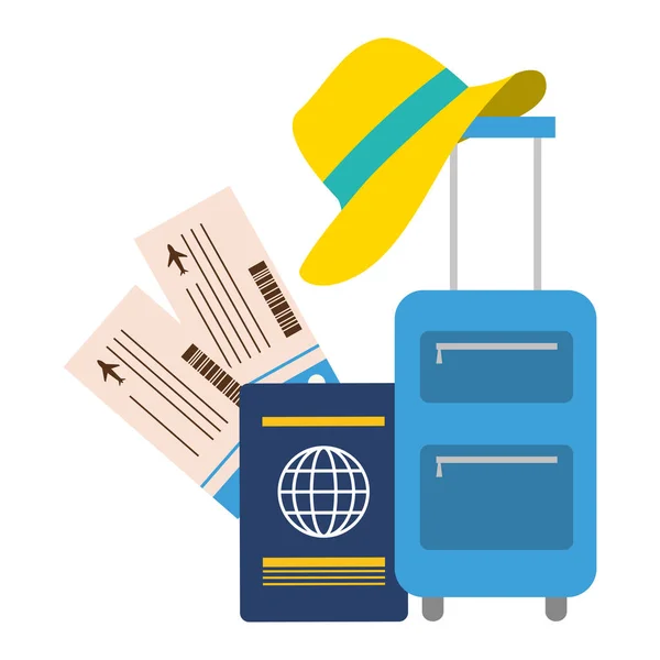 Férias mala passaporte bilhetes chapéu — Vetor de Stock