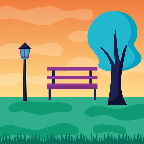 Paysage arbre banc lampe prairie — Image vectorielle