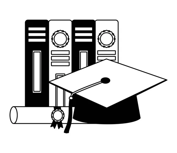 School graduation hat certificate and books — Stock Vector