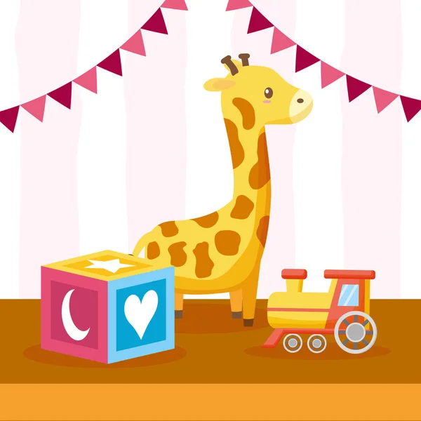Juguetes jirafa tren cubo bebé ducha tarjeta — Archivo Imágenes Vectoriales