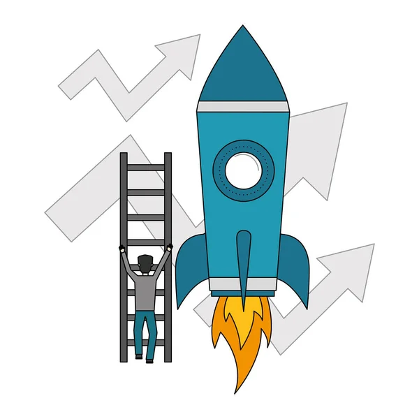 Hombre de negocios escalando escaleras cohete flecha hacia arriba — Vector de stock