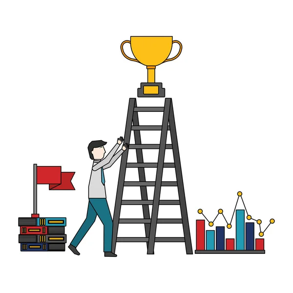 Zakenman met ladder trofee boeken — Stockvector