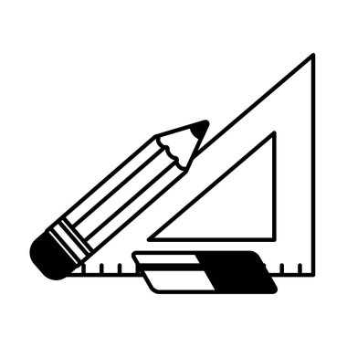 beyaz arka plan üzerinde kalem cetvel ve silgi kaynağı okul