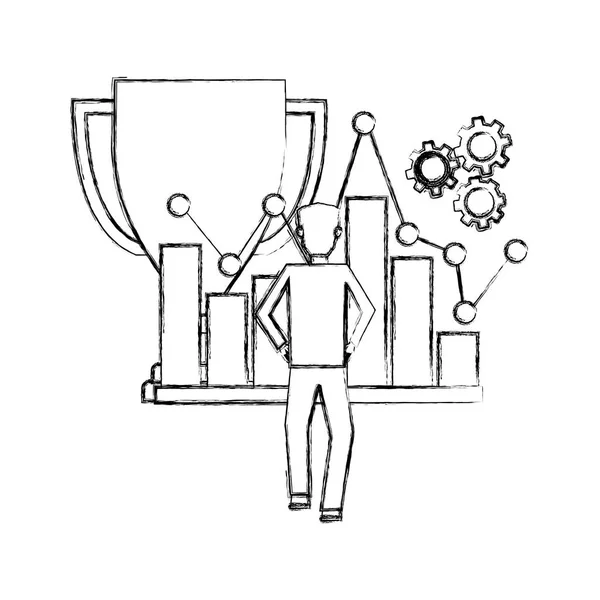 Puchar trofeum z biznesmen i zestaw ikon — Wektor stockowy