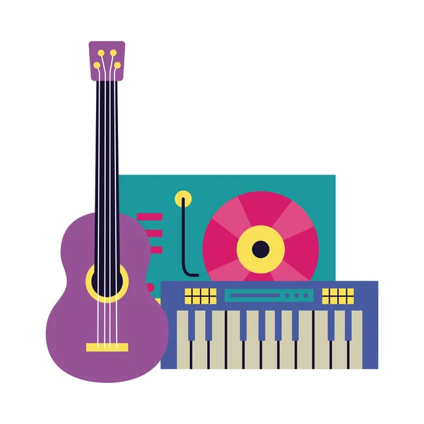 Lemezjátszó Vinyl rekord szintetizátor gitárzenei fesztivál — Stock Vector