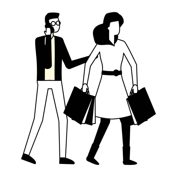 Άνθρωπος χρησιμοποιώντας smartphone και γυναίκα με τσάντα για ψώνια — Διανυσματικό Αρχείο