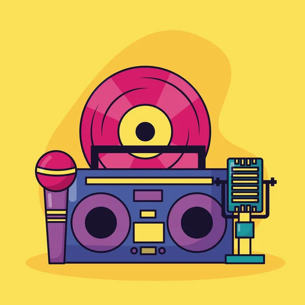 Boombox vinyle microphone musique fond coloré — Image vectorielle