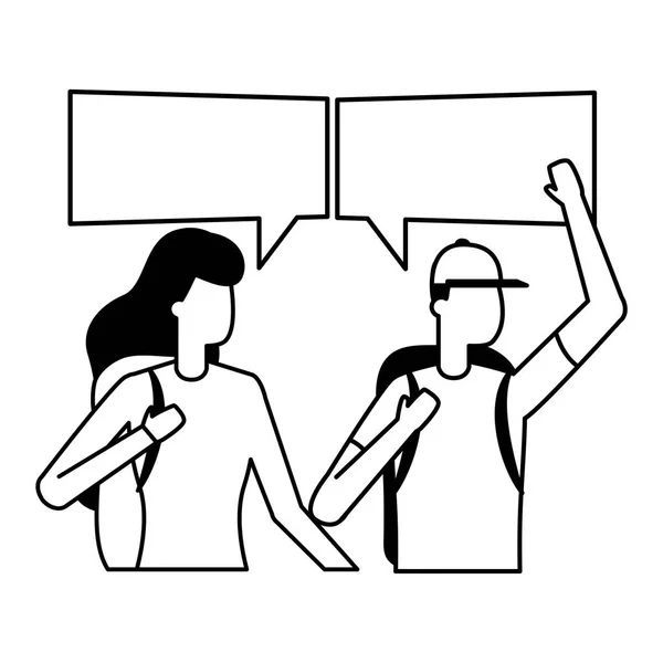 Homem e mulher com mochila falar bolha —  Vetores de Stock