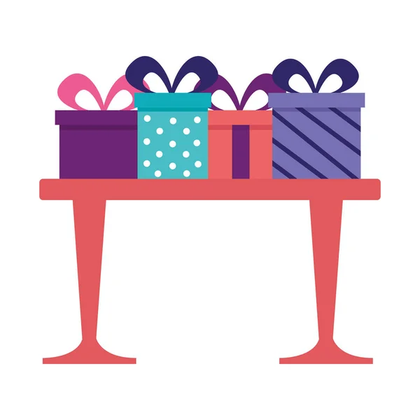 Celebración de cajas de regalo en la mesa — Vector de stock