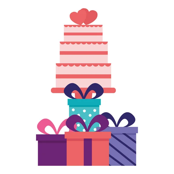 Pastel de día de boda y cajas de regalo — Vector de stock