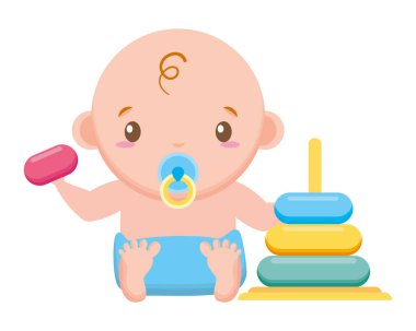 beyaz arka plan bebek duş üzerinde oyuncak ile bebek erkek bebek