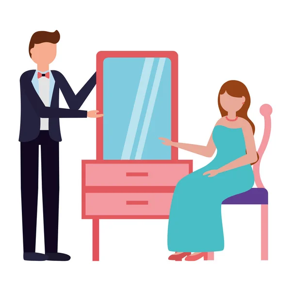 Mariée et marié avec miroir meubles mariage jour — Image vectorielle