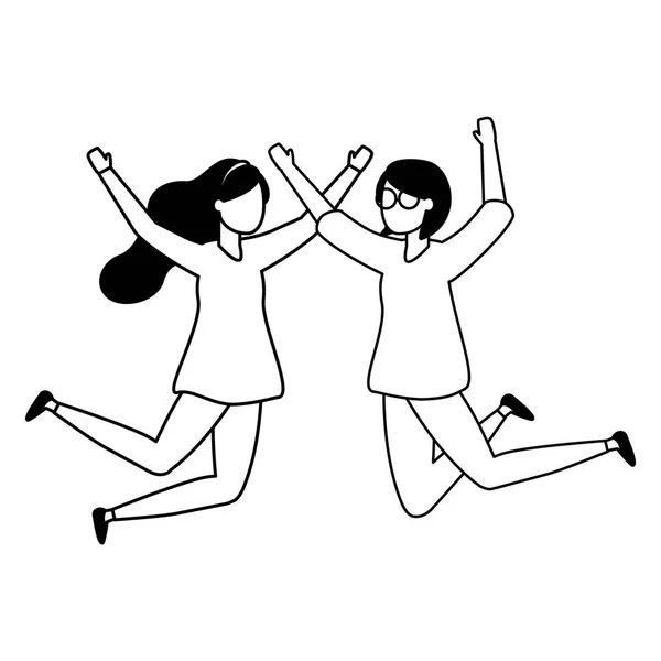 Het vieren van vrouwen gelukkig springen personages — Stockvector