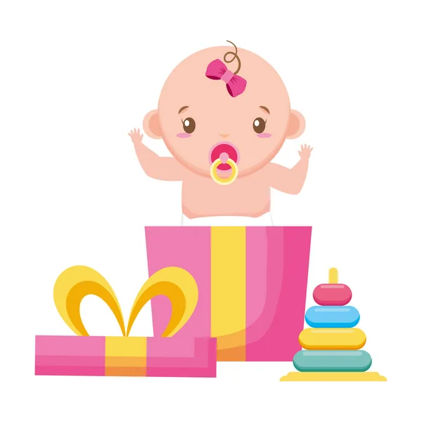Linda chica en pañal con cubo de regalo baby shower — Vector de stock