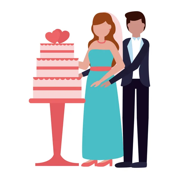 Sposo e Sposo con torta nuziale — Vettoriale Stock
