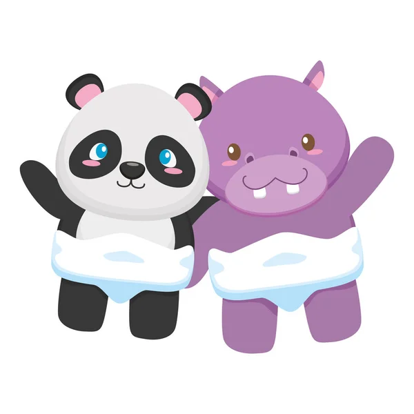 Mignon petit ours panda et hippopotames — Image vectorielle