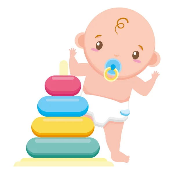 Carino piccolo bambino con mucchio anelli giocattolo — Vettoriale Stock